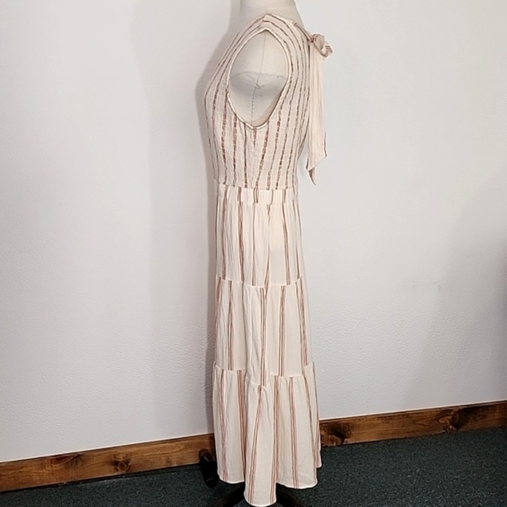 Wonderly Dress Cotton Striped Midi Smocked Bodice & Back Tie Neck Cream Size XL - Picture 7 of 14